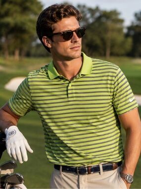 Nike Dri-FIT Polo Shirt Medium Green Stripe Performance Golf Athletic Mens